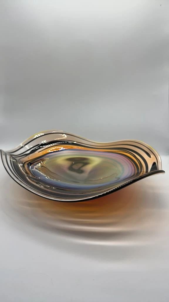 Hand Blown Glass Art Bowl Artist Signed 15”x 4”
