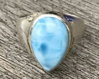 925 Sterling Silver Larimar Pear Shape Stone 5/8 Ring Size 7.75 $50