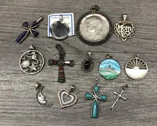 925 Sterling Silver Pendant Lot of 12 Stones Cross Sun Moon Charm 43.31 Grams $150 for all or 2 for $50 Excluding Kennedy is $50 alone
