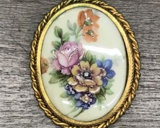 Vintage Limoges Porcelain Floral Gold Plated Brooch $35
