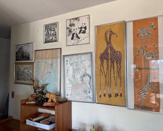 Prints and Batik framed in 80' chrome