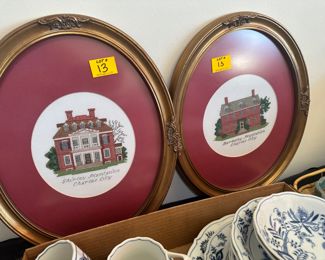 nicely framed cross stitch of Shirley Plantation and Berkley Plantation