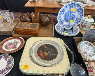 decorative  plates, Spode plates, wood globe bookends