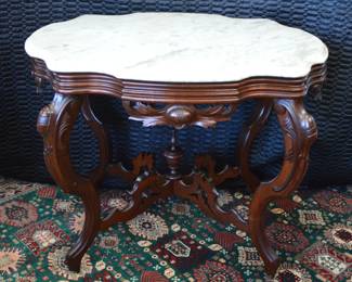 Victorian Marble Top Table- Attributed to Mallard- Table 37" wide, Marble itself is 36" wide, 25" deep. 