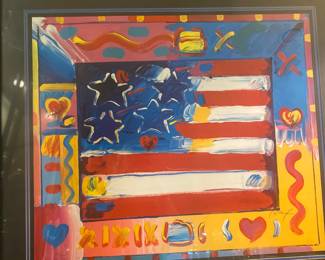 PROFESSIONALLY FRAMED PETER MAX SIGNED LITHOGRAPH 116/300  "FLAG WITH HEART"