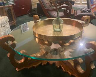 LARGE WOOD AND GLASS COCKTAIL TABLE