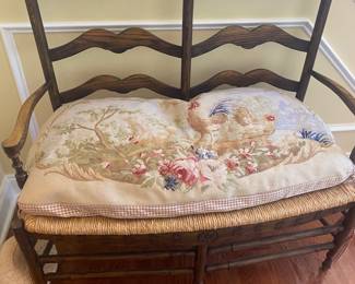FRENCH COUNTRY RUSH SEAT BENCH  W/ROOSTER NEEDLEPOINT CUSHION