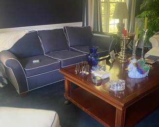 BLUE W/WHITE PIPING SOFA