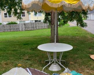 Vintage Patio Table, Umbrella, Vinyl Tablecloths (new)