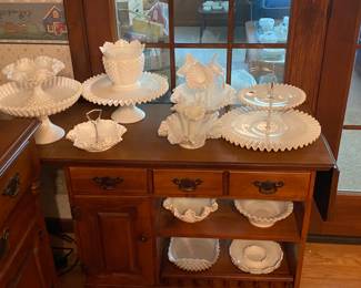 Milk Glass pieces On Buffet Table with fold down sides 