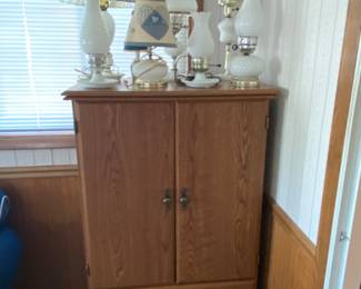 Milk Glass lamps; wooden storage armoire 
