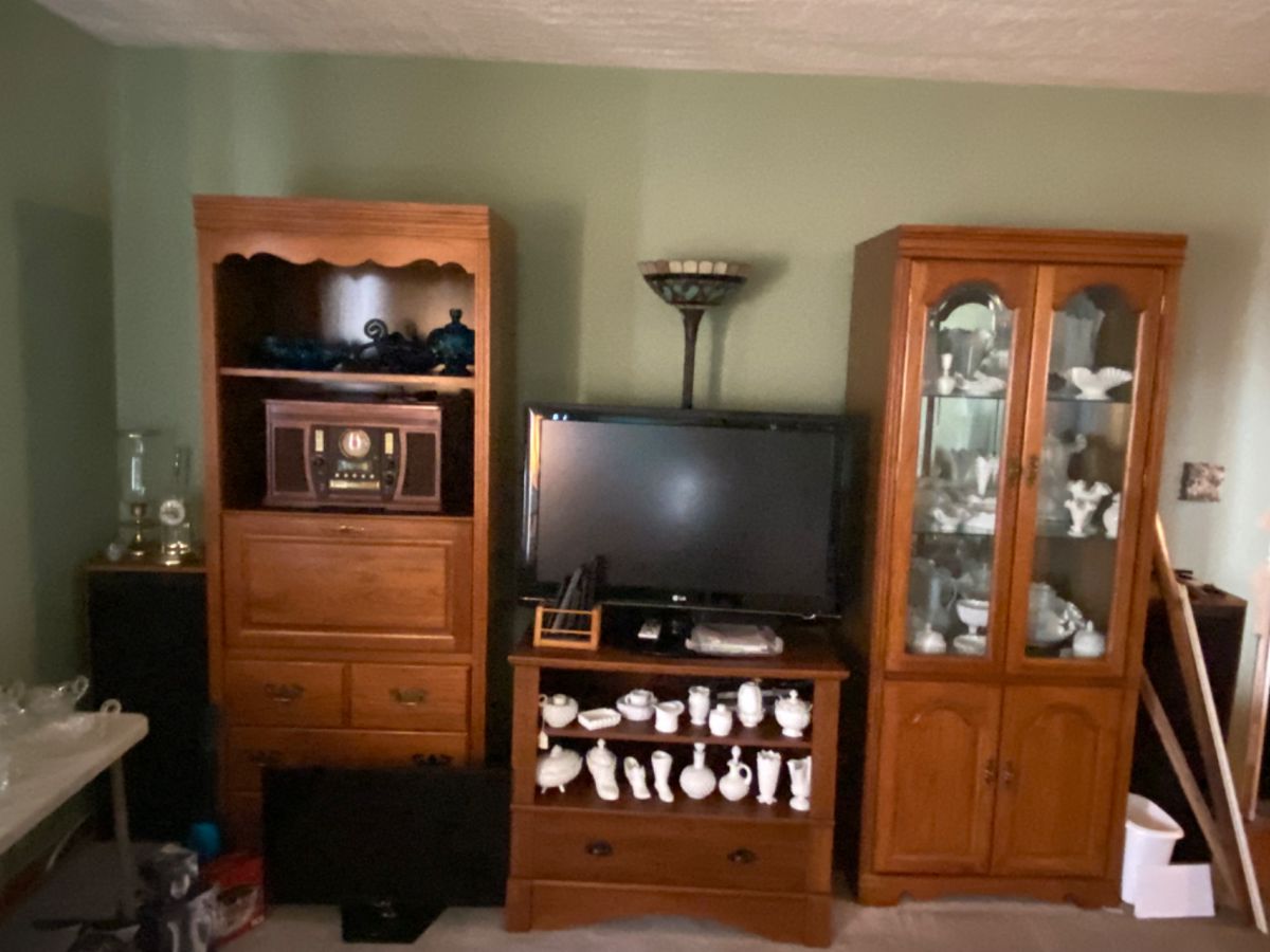 Milk Glass pieces; TV; Floor Lamp; Wooden shelves and curio cabinets;