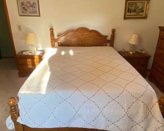 Queen size mattress and bed frame; 2 end tables; 2 lamps;