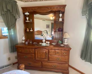 Part of bedroom set—dresser with mirror; Milk Glass pieces; knickknacks 