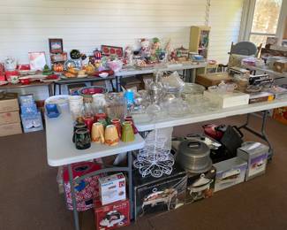 Lots of holiday & regular decor and bowls, plates, serving dishes; kitchen items