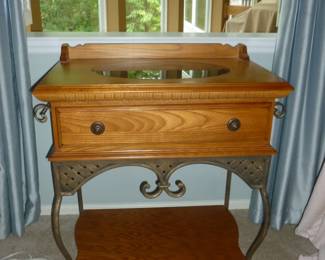 Oak table w/drawer, Granite Insert on top & towel bars on each side