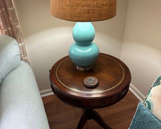 one of a pair round Hepplewhite mahogany leather inlay tables