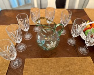 waterford glasses, hand painted pitcher