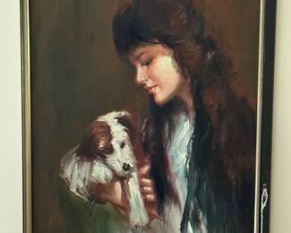 Framed, signed original oil on canvas, subject girl and puppy
