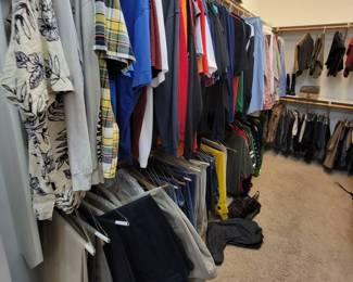 Massive closets FULL of mens & ladies clothing, shoes, boots, belts, suits, +++ 