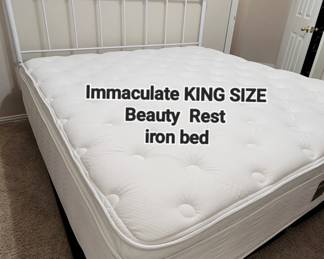 Immaculately clean KING SIZE Beauty Rest bed with white iron frame