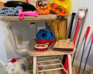 Vintage school desk & toys