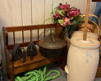 Churn, cast iron,  child's bench