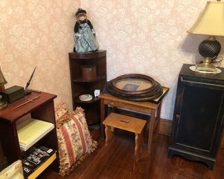 Corner shelf, desk, cabinet, lamp