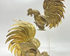 Pair Vintage Brass Fighting Roosters
