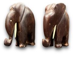 Vintage African Carved Wood Bone Inlaid Figural Elephant Bookends
