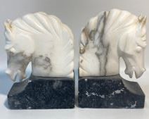 2 Vintage Italian Carved Marble Horse Head Art DEco Mid Century Modern Hollywood Regency Style Book Ends
