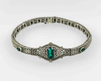 Fine 10K White Gold Emerald Filigree 7" Bracelet
