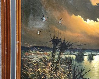 Original J. Koster Vintage Sunset Framed Painting with Painting Light
