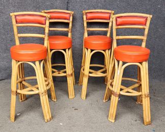 Fantastic Vintage Bamboo Rattan Barstools Vinyl Seats
