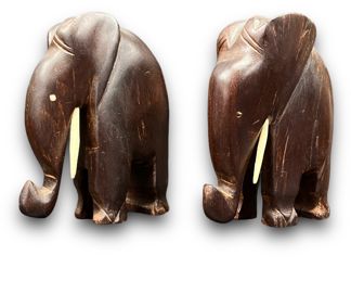 Vintage African Carved Wood Bone Inlaid Figural Elephant Bookends

