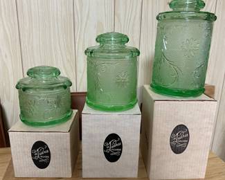 Vintage Tiara Indiana Sandwich Chantilly Green Canister Jar Set with Boxes