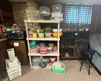 Storage Totes; Tupperware; MCM Glass Front Cabinet; Stool; Sharp Carousel Microwave