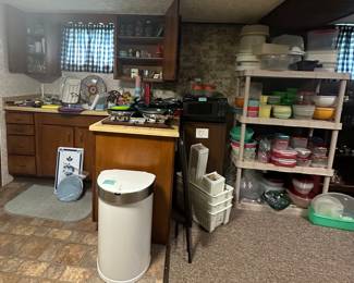 Simple Hum,an Dynamic Sensing Trashcan; Sharp CArousel Microwave; Pots and Pans; Kitchen Items; Tupperware; Storage Containers