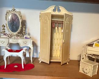 Susy Goose Barbie Vanity, Stool and Accessories; Susy Goose Barbie Wardrobe and Hangers; Sears Tomy White Piano & Music Box Chair
