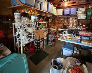 TOTES; Lasko Cyclonic Ceramic Heater; Christmas Trees; Artificial Flowers; Yard Globes; Yard Decor; Wind chimes; Bird Feeders; Vintage Toys; Gas Cans; Garage Items