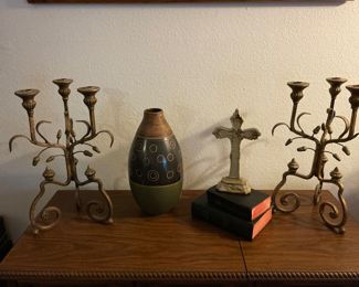 Art Deco Vase, beautiful gold tone iron sconce pair, ceramic cross.  