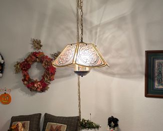 Vintage hanging lamp. 
White Sewing Machine electric in Wooden Cabinet