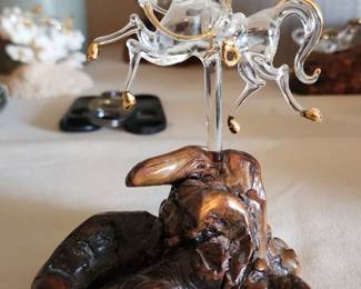 Vintage Glass Baron Carousel Horse On Pole w 22kt Accent Mounted on  Burl Wood Base