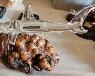 Vintage Glass Baron Shark Mounted on  Burl Wood Base
