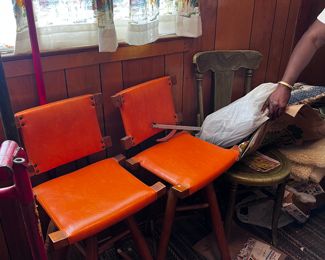Mid Century Modern Orange Leather Swivel Barstools - Marvelous In McKinney Estate Sale www.contemporarycurrent.com