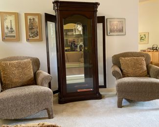 Whalen Wynter Hall Curio Cabinet, three way light system, Tuscan Design  $995, with two side chairs at $440 each, purchased at Dianne Flack Interiors