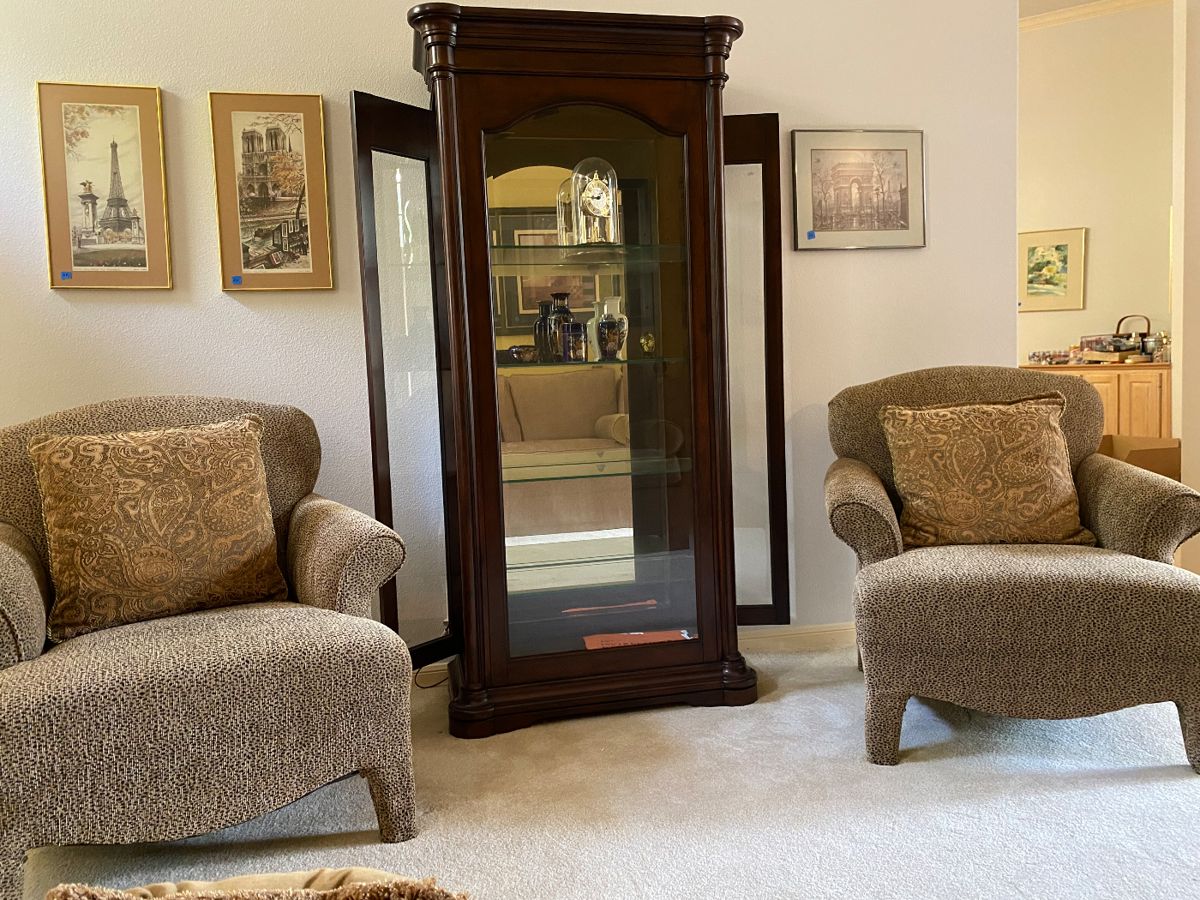 Whalen Wynter Hall Curio Cabinet, three way light system, Tuscan Design  $995, with two side chairs at $440 each, purchased at Dianne Flack Interiors