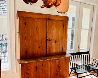 Antique Pine cabinet - bench made . Huge collection of copper pots/pans! All look new!