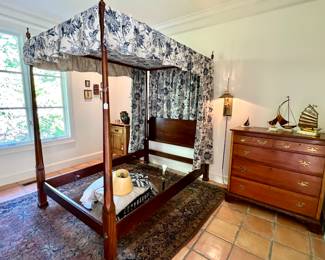 Full size 4 post bed - the teaster top is new fabric made to look old for the Mini serier - TURN . The chest is dreamy!