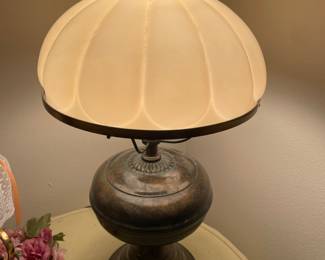 Pair of Pretty in Pink Globes and Brass Lamps 